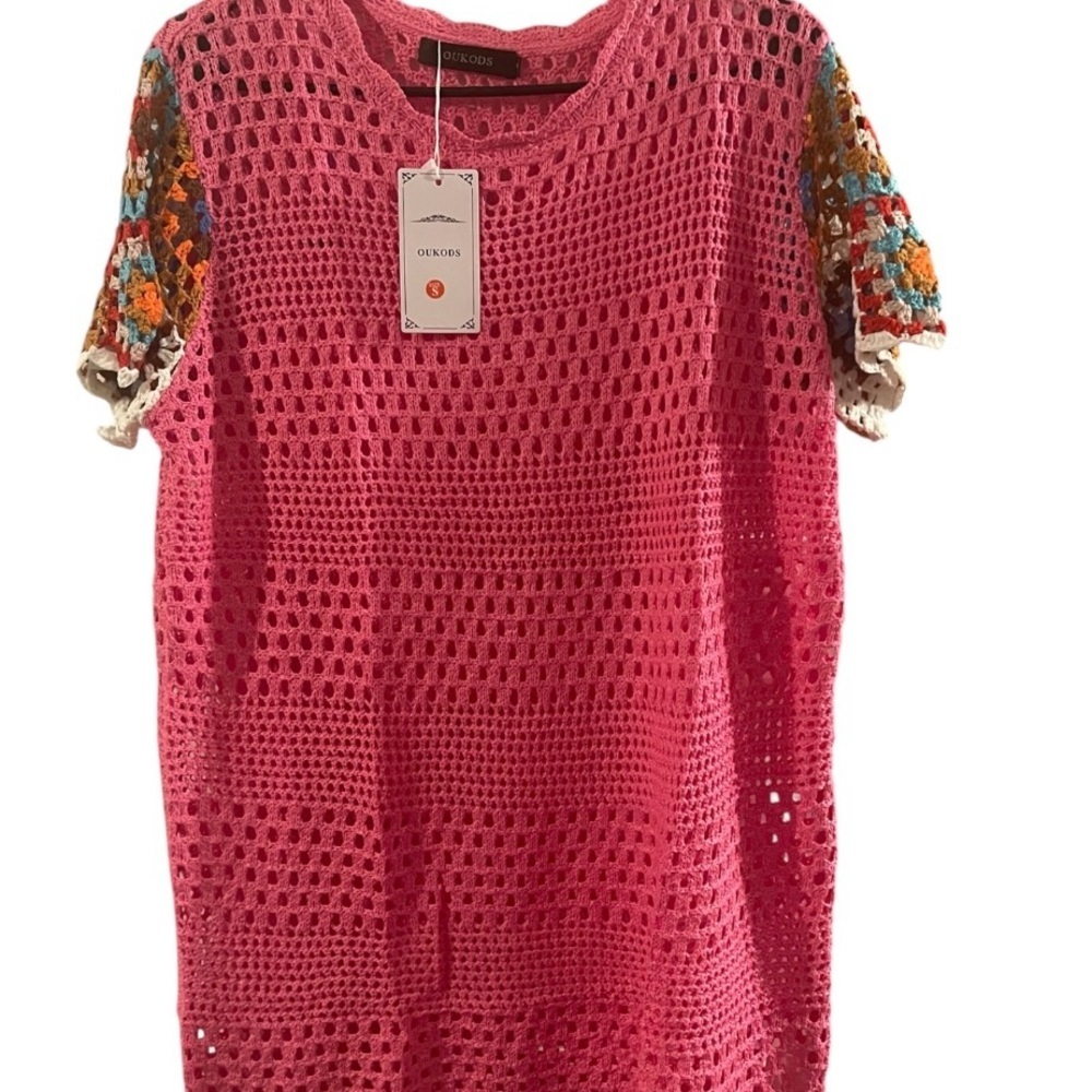 OUKODS Pink Crochet Top with Multicolor Sleeves